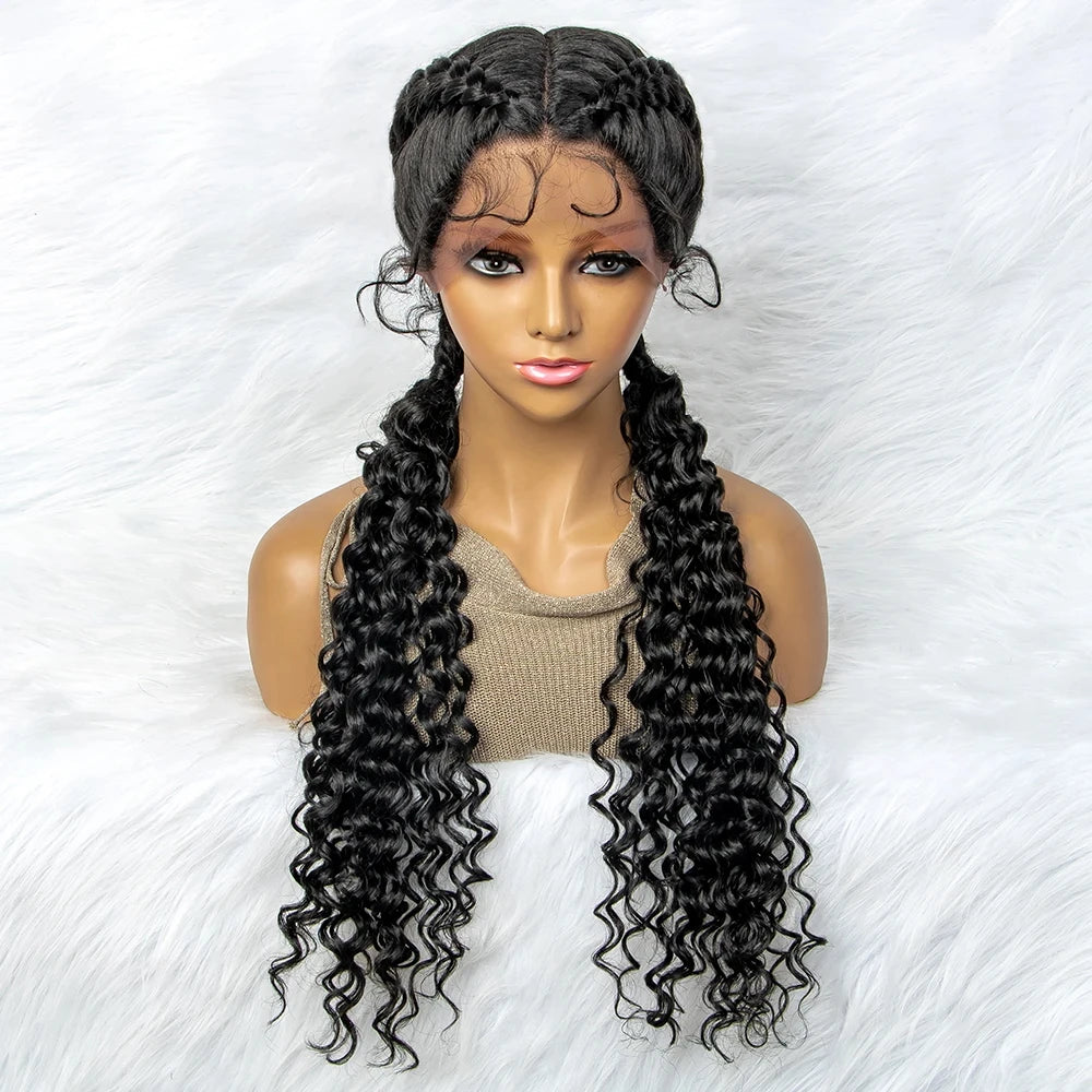 Braided Wigs Synthetic Lace Front Hair Wig Curly Water Wave Wig For African Woman Afro Frontal Cornrow Twist Boxing Braided Wigs