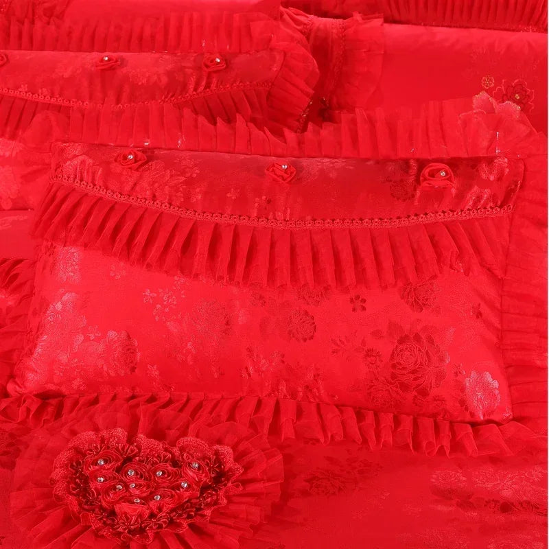 Red Jacquard Satin Bedding Sets Luxury Royal Princess Wedding Heart-shaped Lace Duvet Cover Flat Sheet Bedspread Pillowcases