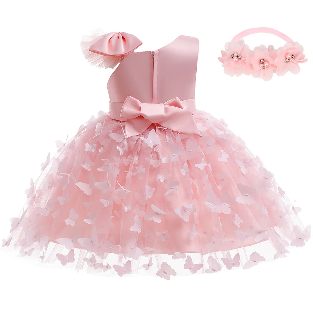 Baby Girls Baptism Dress Children's Cotton Mesh Princess Dress Kid Flying Sleeve Christening Vestidos Butterfly Tutu Clothes