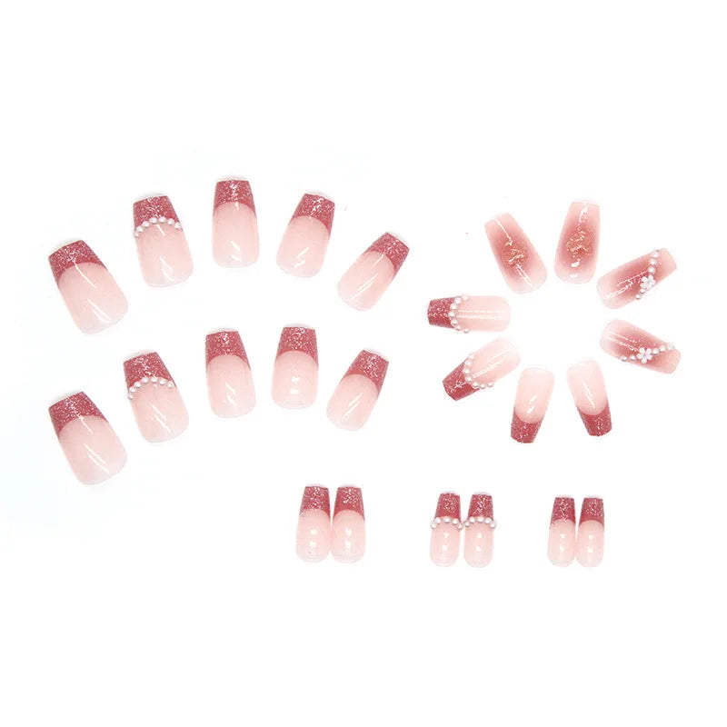 24Pcs Blusher Halo Dyeing Love French Press on Nails Reusable False Nail Removable Fake Nails Short Round Coffin Nail with Glue