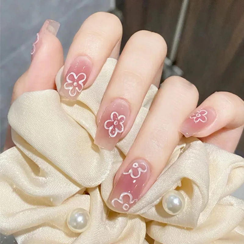 24Pcs Blusher Halo Dyeing Love French Press on Nails Reusable False Nail Removable Fake Nails Short Round Coffin Nail with Glue