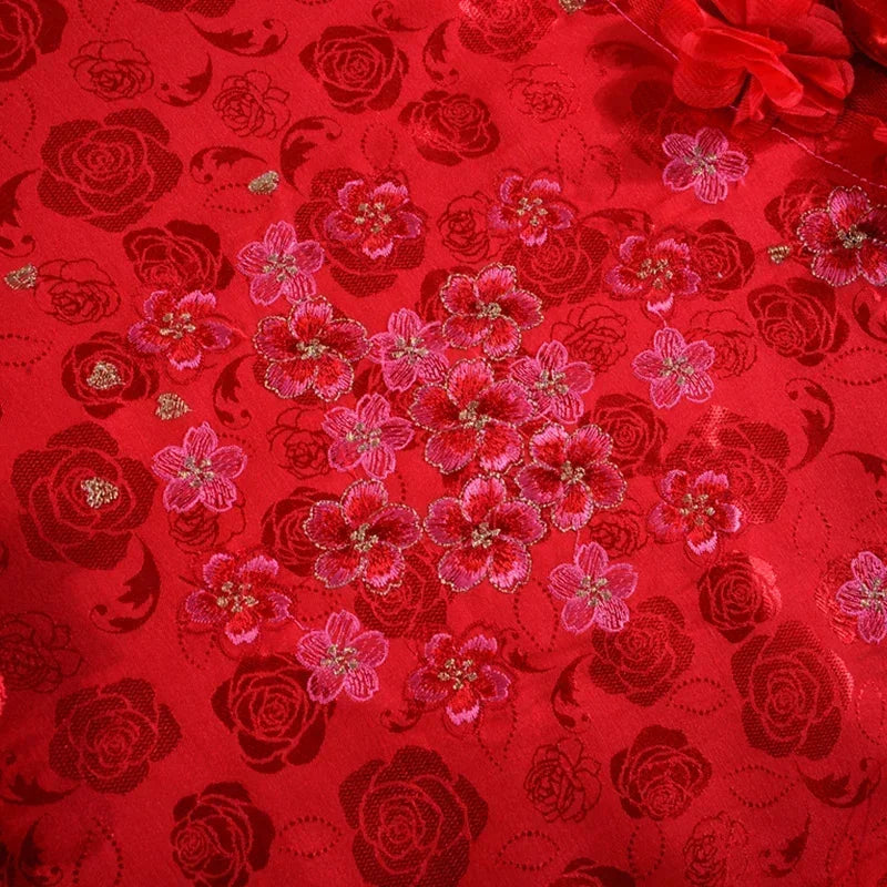 Red Jacquard Satin Bedding Sets Luxury Royal Princess Wedding Heart-shaped Lace Duvet Cover Flat Sheet Bedspread Pillowcases