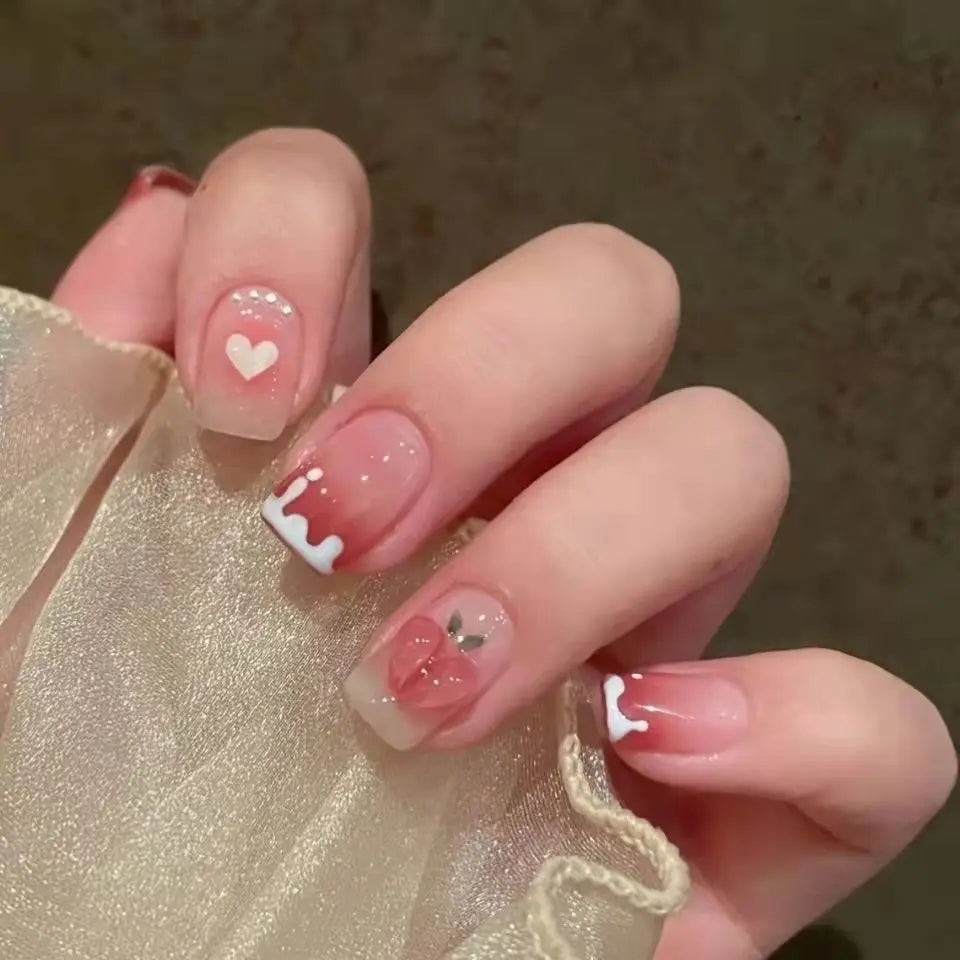 24Pcs Blusher Halo Dyeing Love French Press on Nails Reusable False Nail Removable Fake Nails Short Round Coffin Nail with Glue