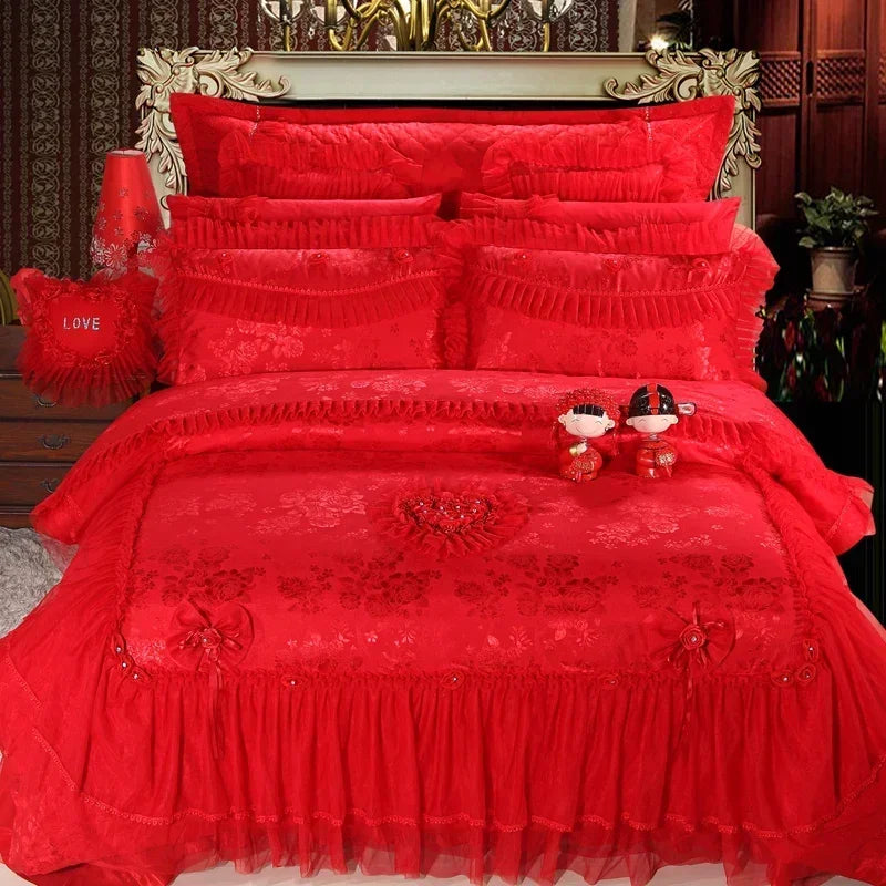 Red Jacquard Satin Bedding Sets Luxury Royal Princess Wedding Heart-shaped Lace Duvet Cover Flat Sheet Bedspread Pillowcases