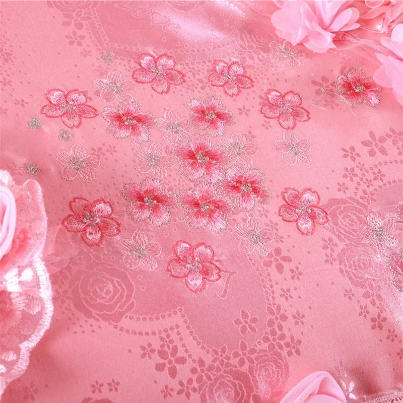 Red Jacquard Satin Bedding Sets Luxury Royal Princess Wedding Heart-shaped Lace Duvet Cover Flat Sheet Bedspread Pillowcases