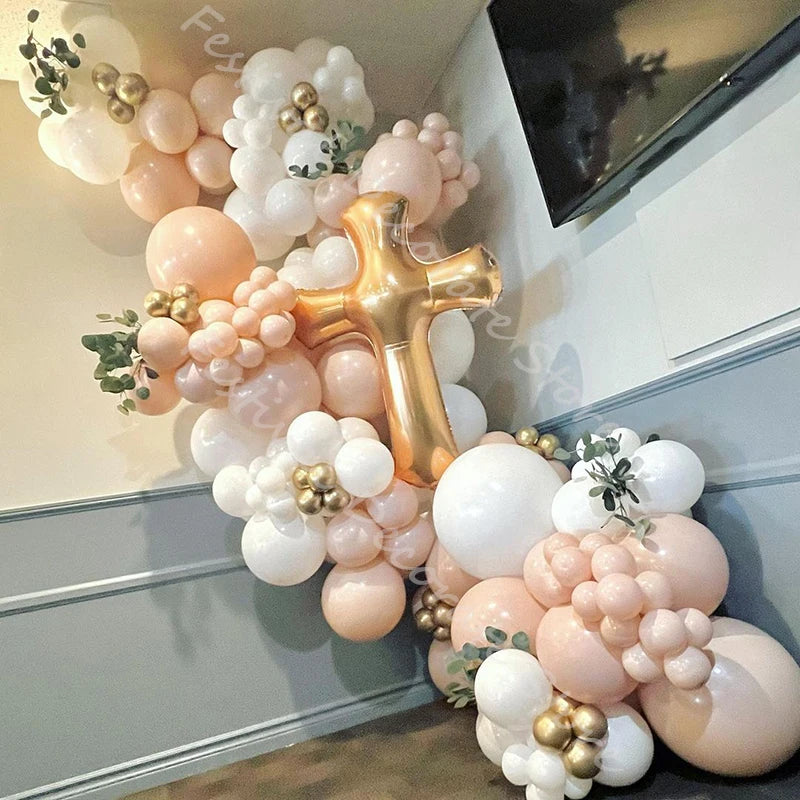 Baptism Pink White Balloon Garland Mon Baptême Christening Cross Balloons for Baby First Communion Baby Shower Party Backdrop