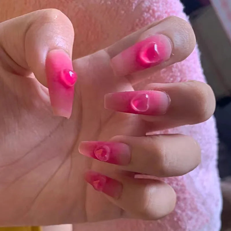 24Pcs Blusher Halo Dyeing Love French Press on Nails Reusable False Nail Removable Fake Nails Short Round Coffin Nail with Glue
