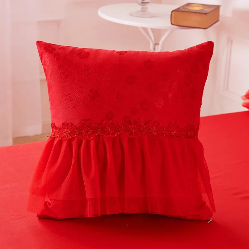 Removable Lace Princess Bedding Set Luxury Red Jacquard Satin Cotton Duvet Cover Bed Skirt Pillowcase Solid Color Bed Sets