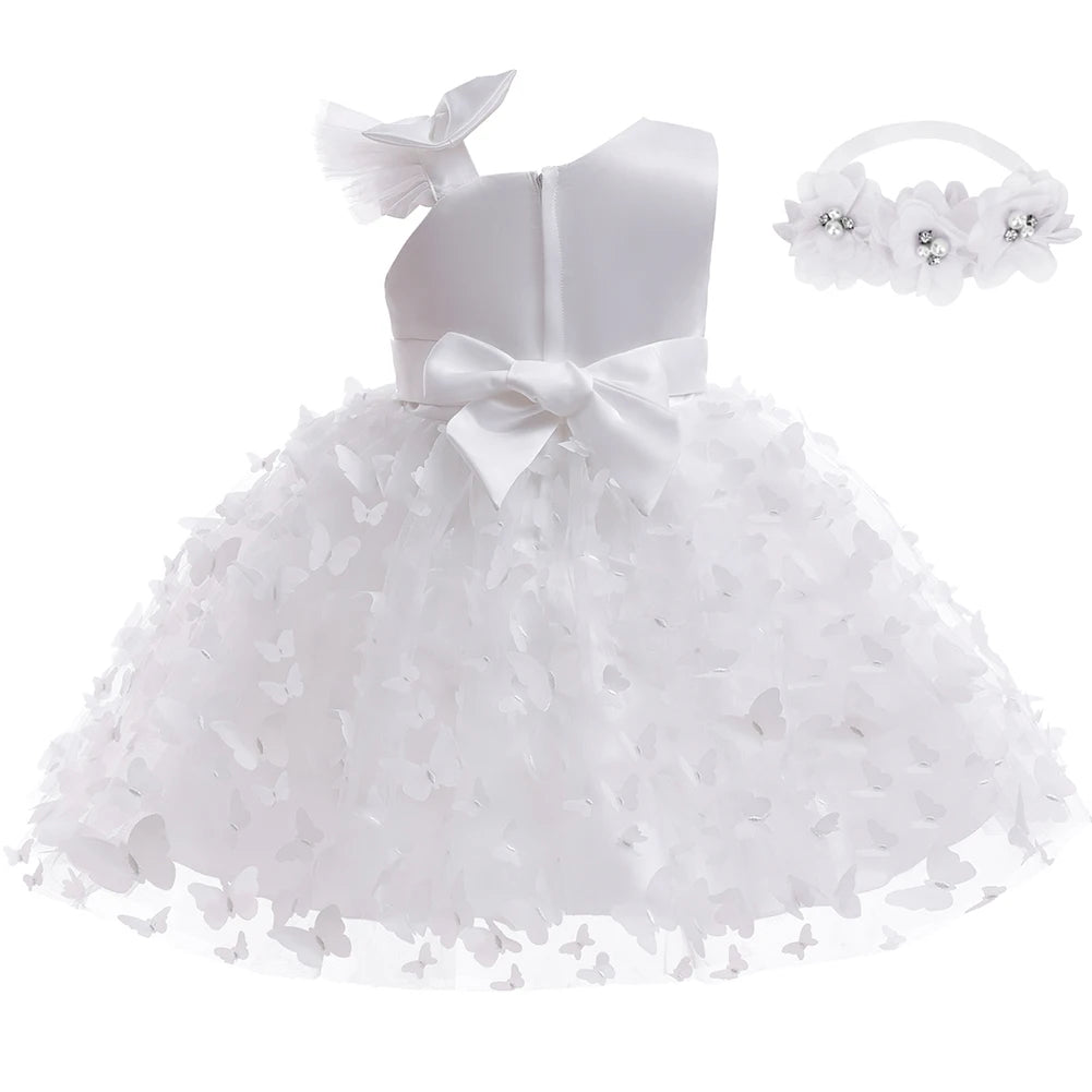 Baby Girls Baptism Dress Children's Cotton Mesh Princess Dress Kid Flying Sleeve Christening Vestidos Butterfly Tutu Clothes