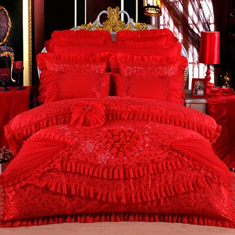 Red Jacquard Satin Bedding Sets Luxury Royal Princess Wedding Heart-shaped Lace Duvet Cover Flat Sheet Bedspread Pillowcases