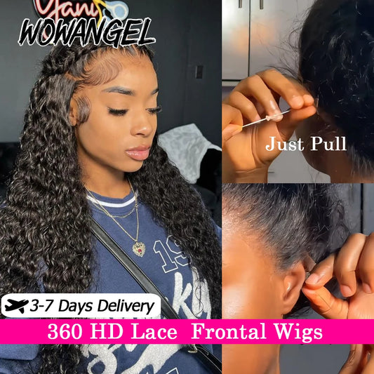 Invisible Drawstring Cap 360 HD Lace Frontal Wigs Water Wave Full Lace Wigs Glueless Human Hair Wigs High Ponytail Curly Wigs