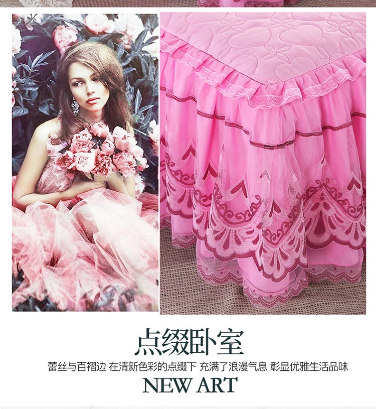 New White Pink Lace Bed Skirt Romantic Flower Pattern Polyester Ruffled Bedspreads Bed Skirt Queen Covers Sheet Home Room Decor