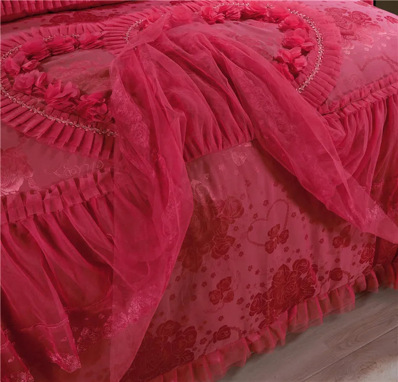 Silk Cotton Jacquard soul mates Luxury Wedding Bedding Set Lace Duvet Cover Bedspread pillowcases Queen King Size 4/6pcs