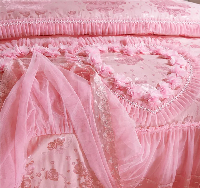 Silk Cotton Jacquard soul mates Luxury Wedding Bedding Set Lace Duvet Cover Bedspread pillowcases Queen King Size 4/6pcs