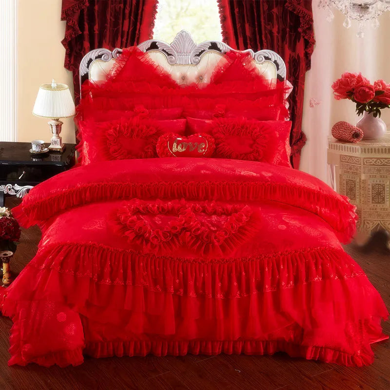 Pink Jacquard Satin Cotton Bedding Set, Luxury Princess Lace Embroidery Duvet Cover Sets, Bed Sheet, Pillowcases, Home Textile