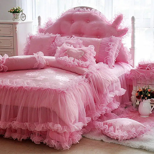 Pink Jacquard Satin Cotton Duvet Cover Sets Luxury Princess Wedding Bed Set Lace Ruffle Bedding Bedspread Bed Skirt Pillowcases