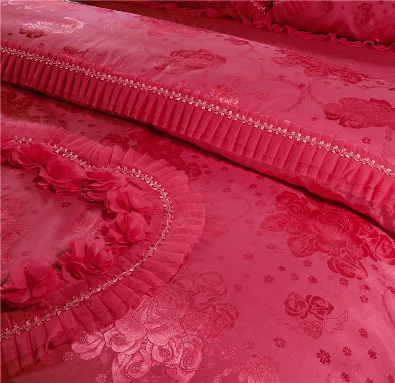 Silk Cotton Jacquard soul mates Luxury Wedding Bedding Set Lace Duvet Cover Bedspread pillowcases Queen King Size 4/6pcs