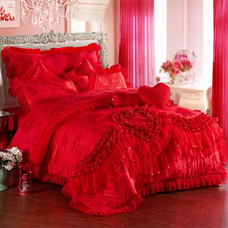 Pink Jacquard Satin Cotton Bedding Set, Luxury Princess Lace Embroidery Duvet Cover Sets, Bed Sheet, Pillowcases, Home Textile