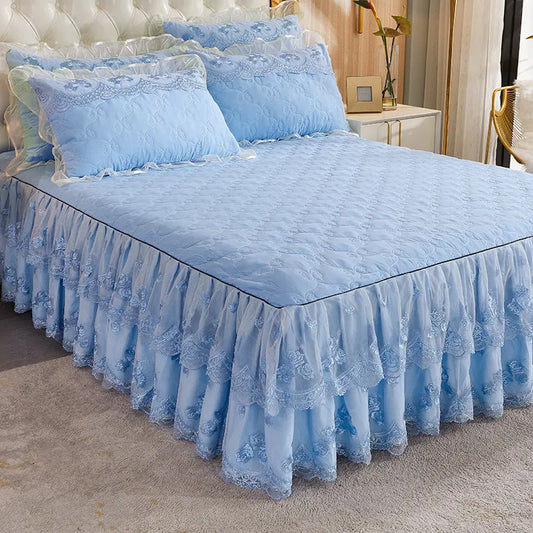 Korea Solid Brushed Bedspread Set Lace Quilted Queen King Size Ruffles Bedskirt Double Bed Cover with 2 Pillowcases