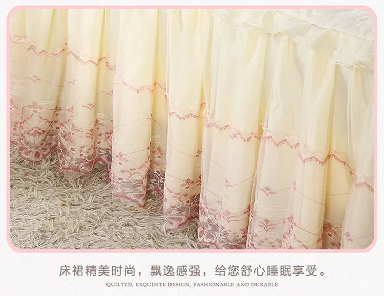 New White Pink Lace Bed Skirt Romantic Flower Pattern Polyester Ruffled Bedspreads Bed Skirt Queen Covers Sheet Home Room Decor