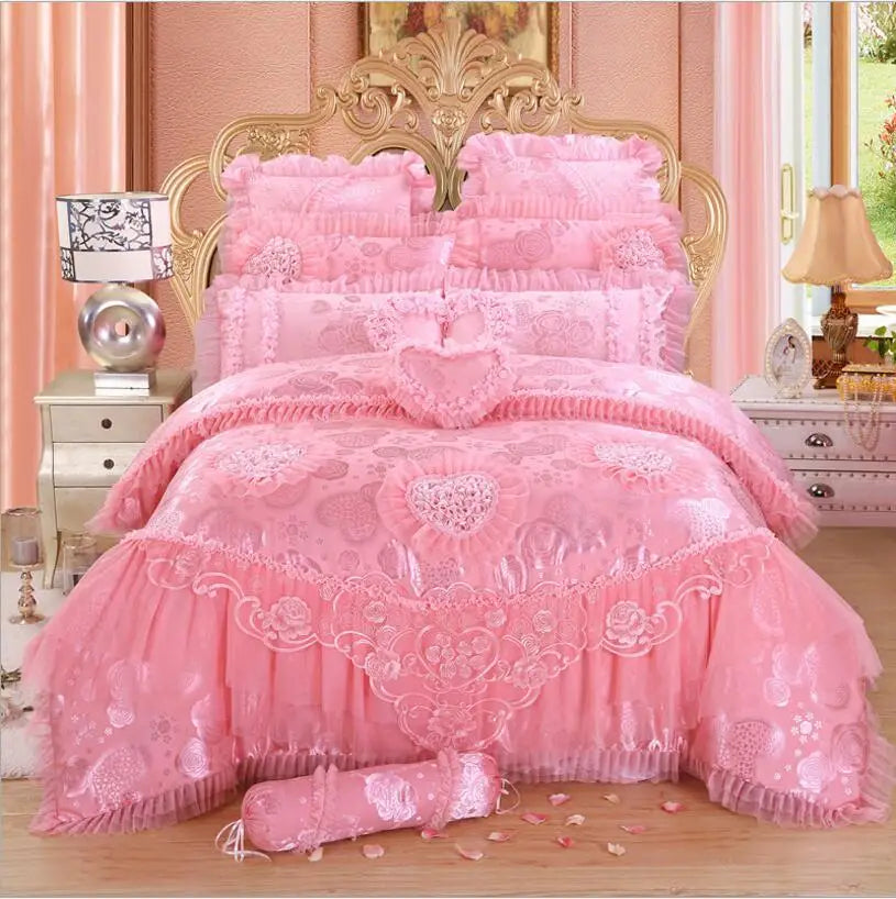 Pink Jacquard Satin Cotton Bedding Set, Luxury Princess Lace Embroidery Duvet Cover Sets, Bed Sheet, Pillowcases, Home Textile