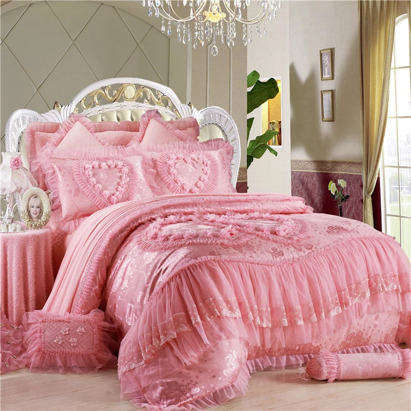 Silk Cotton Jacquard soul mates Luxury Wedding Bedding Set Lace Duvet Cover Bedspread pillowcases Queen King Size 4/6pcs