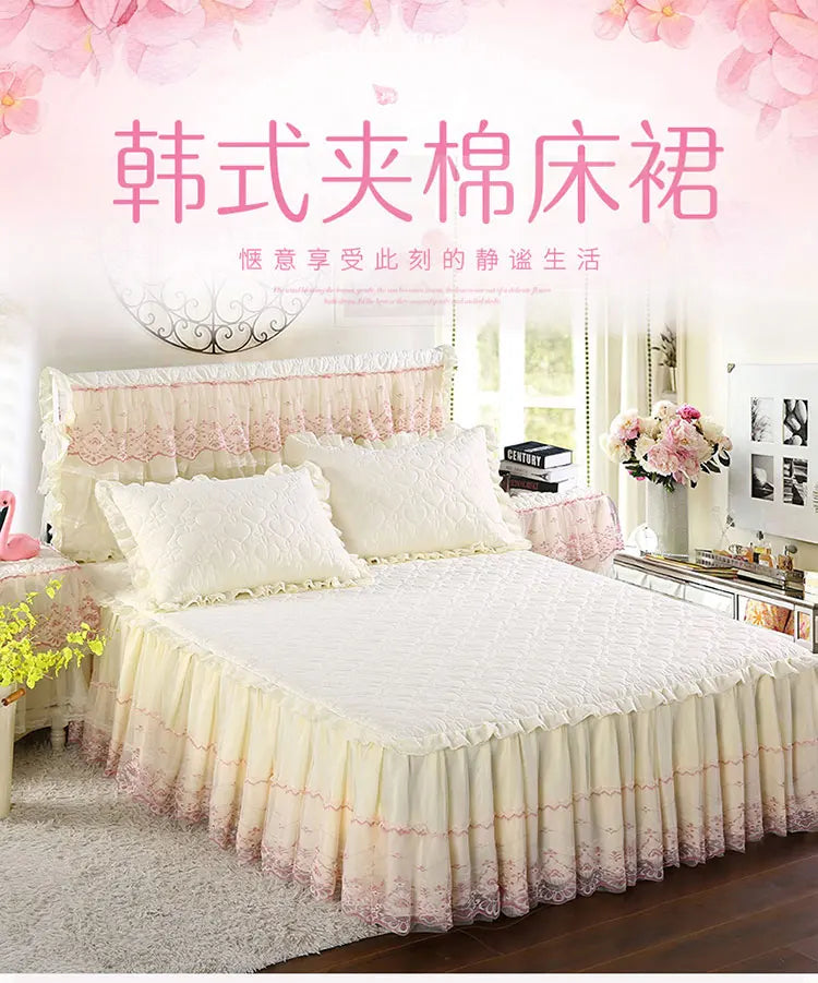 New White Pink Lace Bed Skirt Romantic Flower Pattern Polyester Ruffled Bedspreads Bed Skirt Queen Covers Sheet Home Room Decor