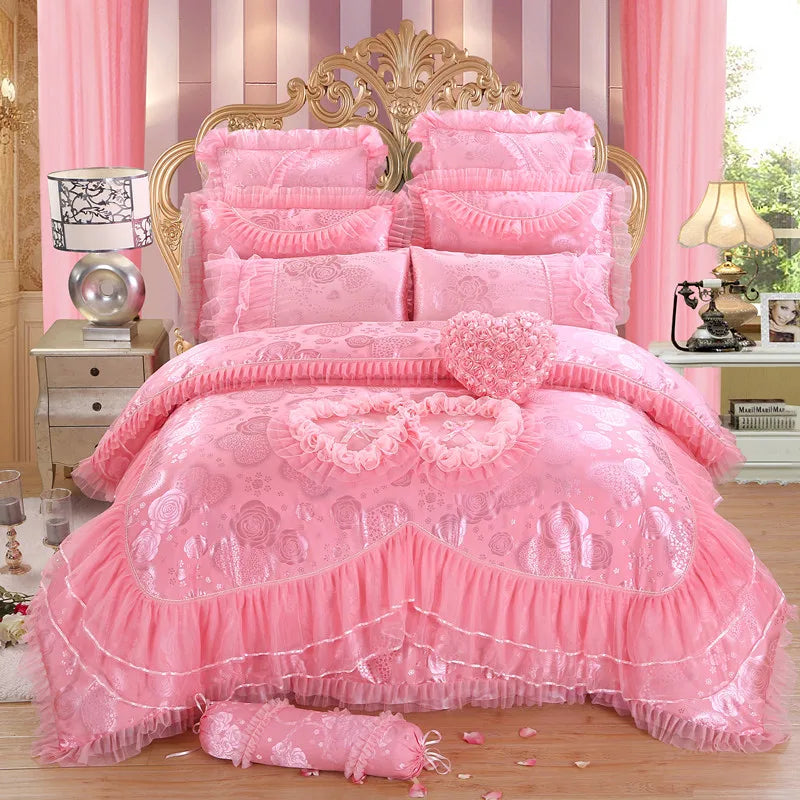 Pink Jacquard Satin Cotton Bedding Set, Luxury Princess Lace Embroidery Duvet Cover Sets, Bed Sheet, Pillowcases, Home Textile