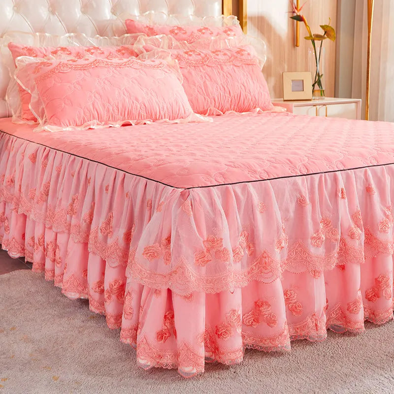 Korea Solid Brushed Bedspread Set Lace Quilted Queen King Size Ruffles Bedskirt Double Bed Cover with 2 Pillowcases
