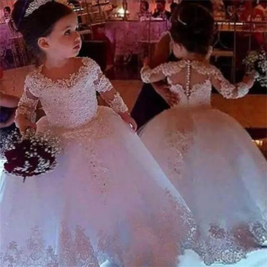 Long Sleeve Gown Princess Flower Girls Dresses Appliques with Beaded Stunning Cute Girls First Communion Dress White