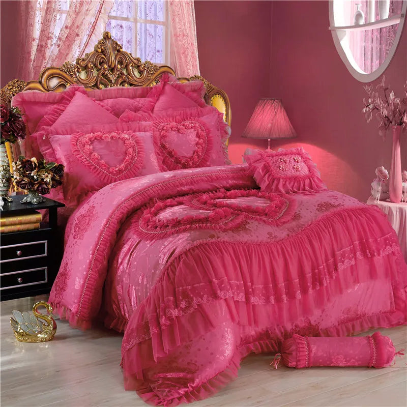 Silk Cotton Jacquard soul mates Luxury Wedding Bedding Set Lace Duvet Cover Bedspread pillowcases Queen King Size 4/6pcs