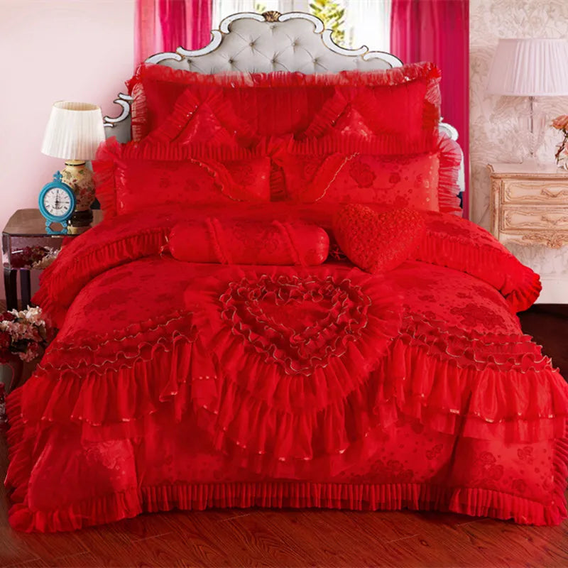 Pink Jacquard Satin Cotton Bedding Set, Luxury Princess Lace Embroidery Duvet Cover Sets, Bed Sheet, Pillowcases, Home Textile