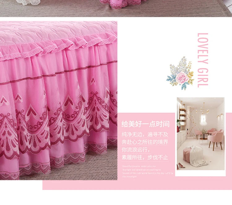 New White Pink Lace Bed Skirt Romantic Flower Pattern Polyester Ruffled Bedspreads Bed Skirt Queen Covers Sheet Home Room Decor