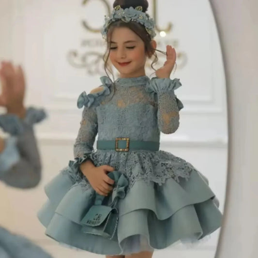 Customized Green Lace Appliques Flower Girl Dress A-Line Tiered Knee Length Baby Lovely Long Sleeves First Communion Party Gowns