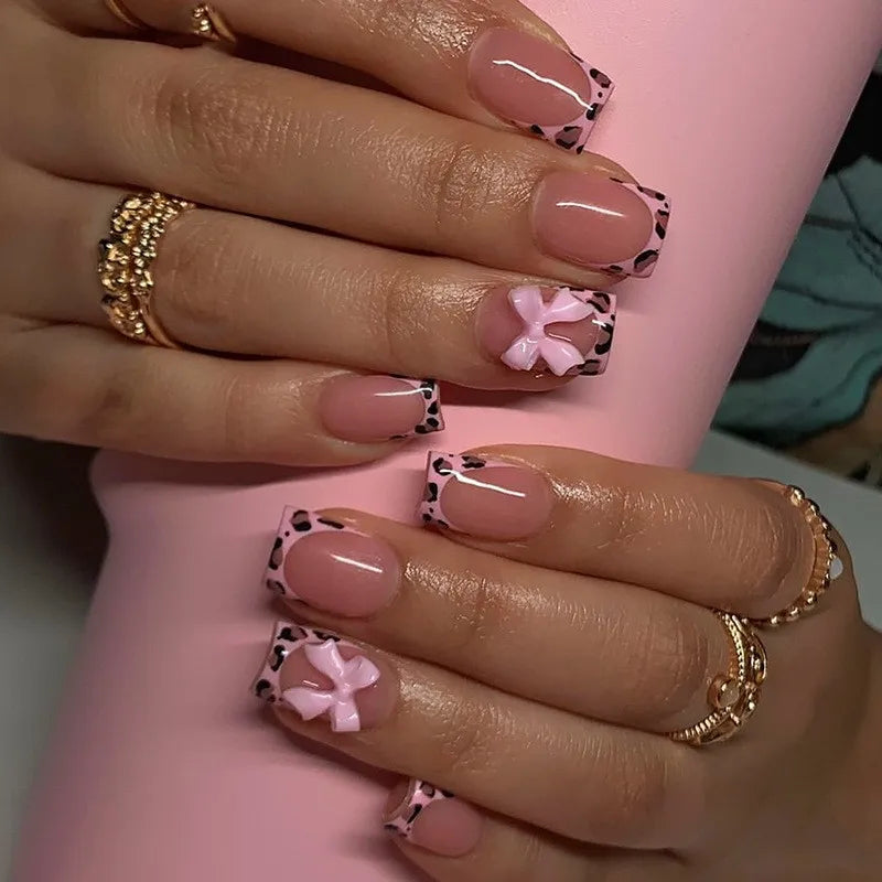24pcs 3D Pinkish Bow Press On Nails Short Square Fake Nails White French Tip Ballerina Acrylic Nails With Pearl Design For Women
