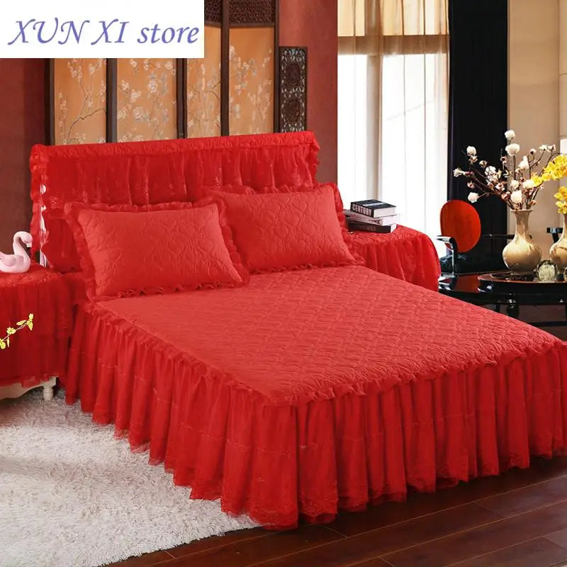 New White Pink Lace Bed Skirt Romantic Flower Pattern Polyester Ruffled Bedspreads Bed Skirt Queen Covers Sheet Home Room Decor