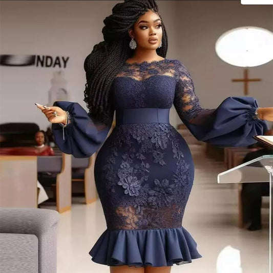 African Navy Blue Lace Evening Dress 6 Color Tea Length Aso Ebi Style Wedding Guest Party Black Girls Gown Prom Gown Customized