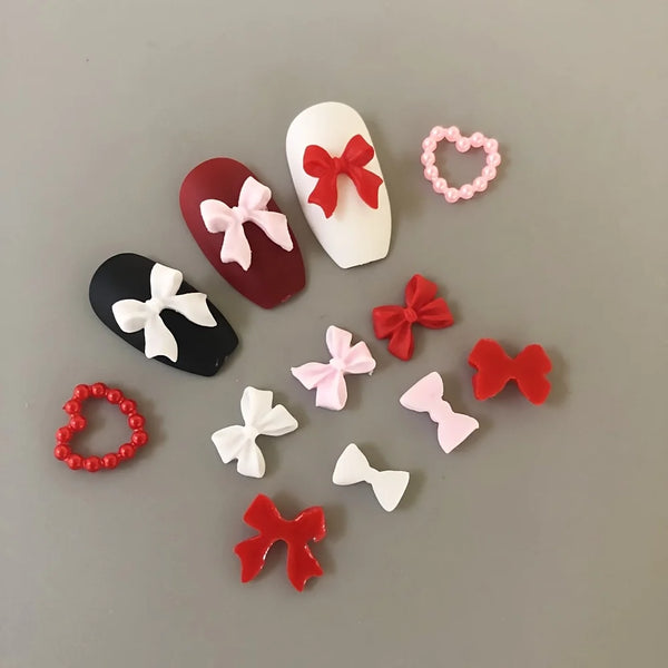 600Pcs Kawaii Bow Nail Art Decoration Charms Box Kit 3D French Acrylic Princess Pink White Red Bowknot Hollow Heart Ornament