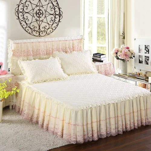 New White Pink Lace Bed Skirt Romantic Flower Pattern Polyester Ruffled Bedspreads Bed Skirt Queen Covers Sheet Home Room Decor