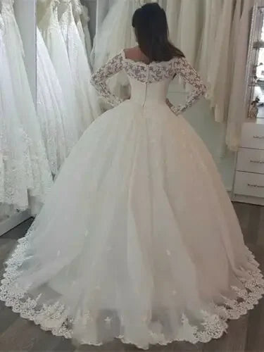 Customized Long Sleeves Ivory Lace Wedding Dresses Ball Gown Bridal Custom Plus Size Dress