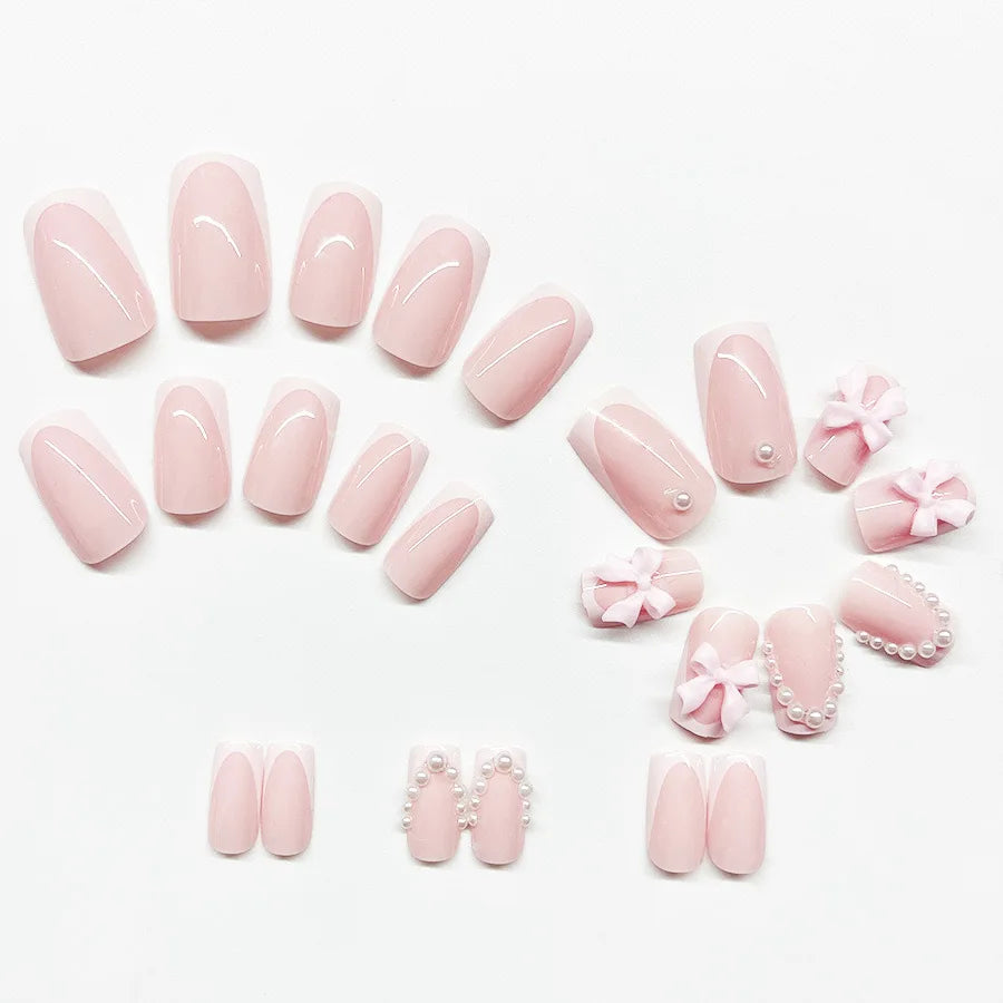 24pcs 3D Pinkish Bow Press On Nails Short Square Fake Nails White French Tip Ballerina Acrylic Nails With Pearl Design For Women