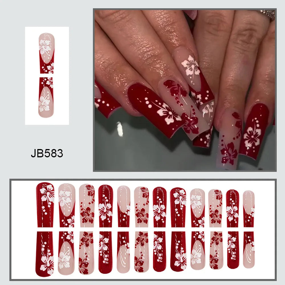 24Pcs French Flower Press on Nails Glitter Gradient False Nails Diamond Heart Acrylic Nails Long Coffin Sweet Cool Fake Nail Tip