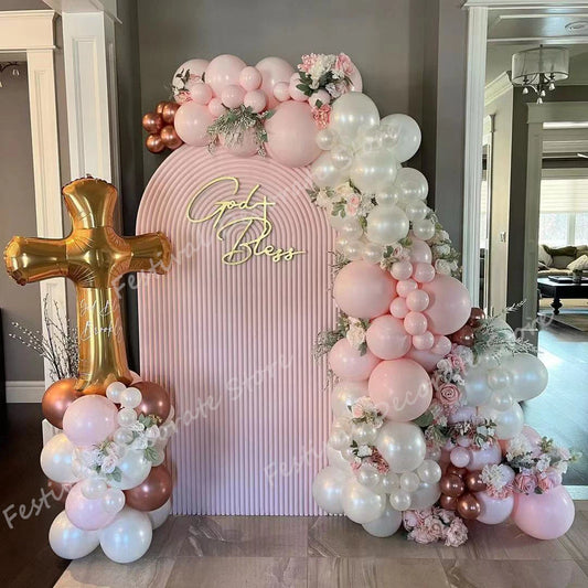 Baptism Pink White Balloon Garland Mon Baptême Christening Cross Balloons for Baby First Communion Baby Shower Party Backdrop