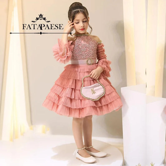FATAPAESE Customized Flower Girl Dress with Halter-neck Rhinestone Stones on Bodice Cake-Tiered A-line Skirt Gown Fomral Clothe
