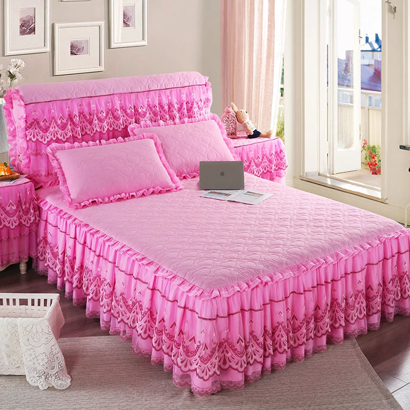 New White Pink Lace Bed Skirt Romantic Flower Pattern Polyester Ruffled Bedspreads Bed Skirt Queen Covers Sheet Home Room Decor