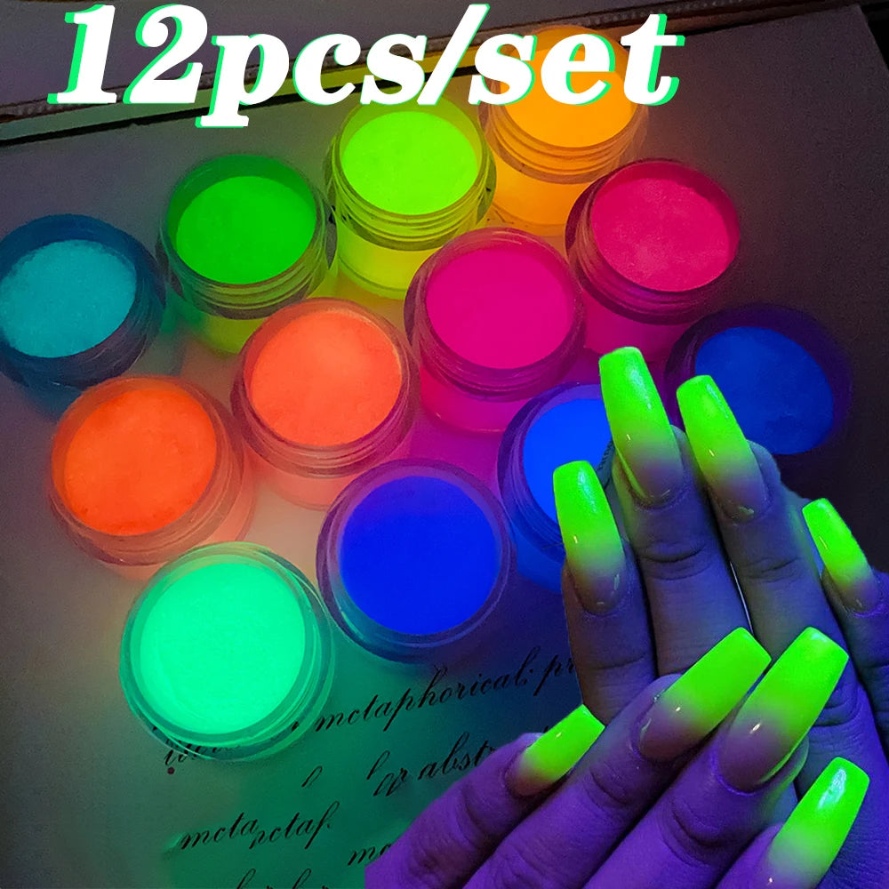 12Jars*10g Glows in the Dark Acrylic Powder Set 3 in1 Nail Extension/Carving/Dipping Luminous Neon Polymer Acrylic Powder Dust