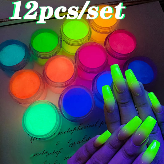 12Jars*10g Glows in the Dark Acrylic Powder Set 3 in1 Nail Extension/Carving/Dipping Luminous Neon Polymer Acrylic Powder Dust