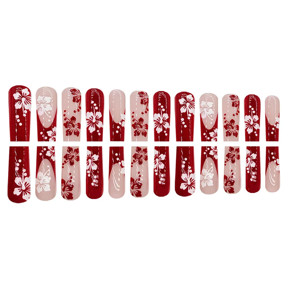 24Pcs French Flower Press on Nails Glitter Gradient False Nails Diamond Heart Acrylic Nails Long Coffin Sweet Cool Fake Nail Tip
