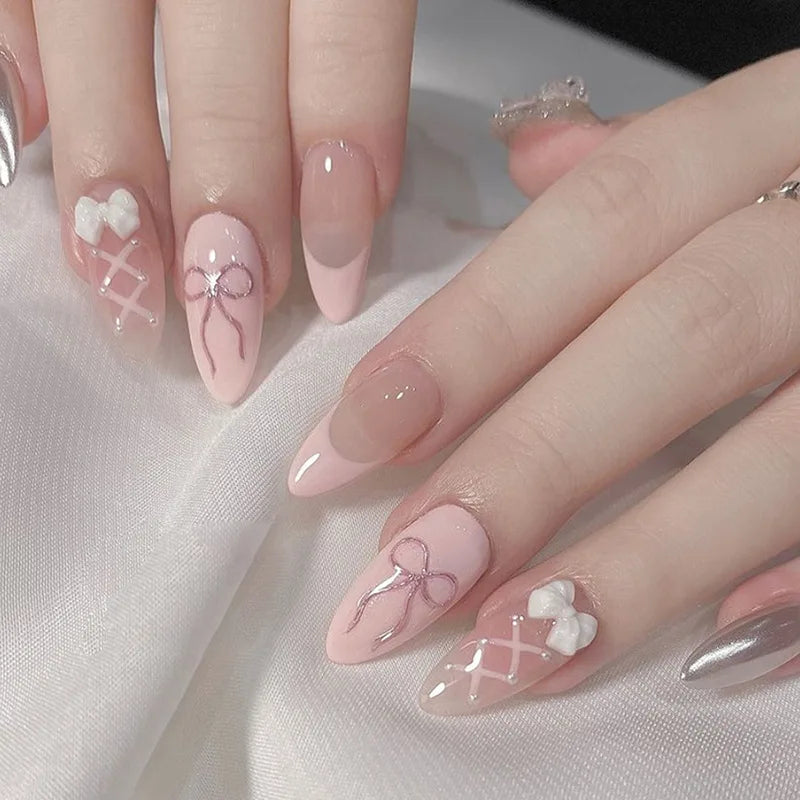24pcs 3D Pinkish Bow Press On Nails Short Square Fake Nails White French Tip Ballerina Acrylic Nails With Pearl Design For Women