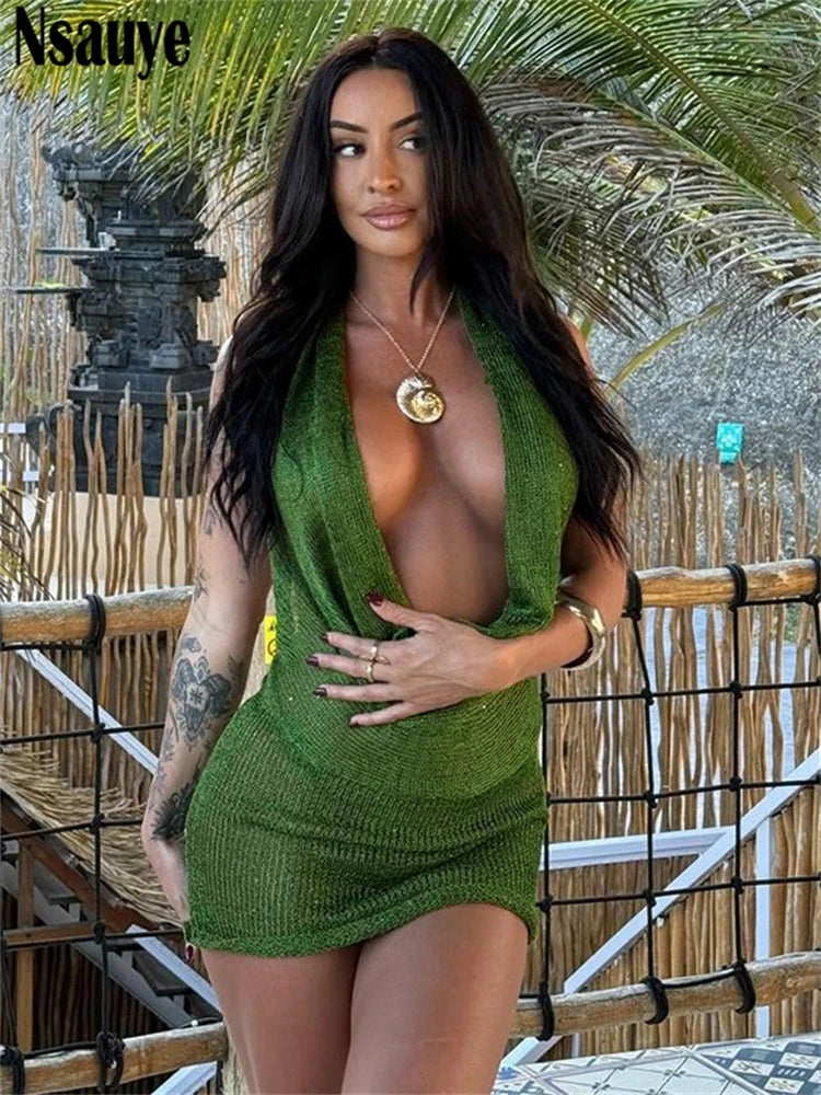 Nsauye 2025 Mini Halter Beach Holiday Sexy Knitted Fashion Night Club Elegant Dress Women Summer Clothes Evening Party Dress